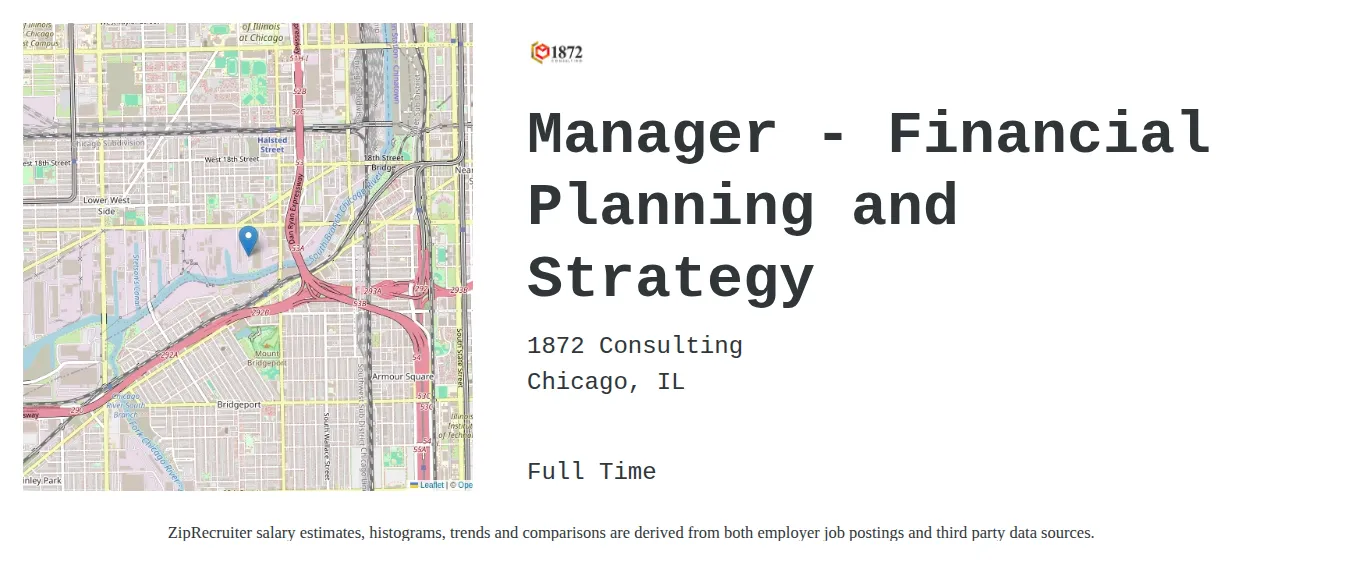 1872 Consulting job posting for a Manager - Financial Planning and Strategy in Chicago, IL with a salary of $103,500 to $142,700 Annually with a map of Chicago location.