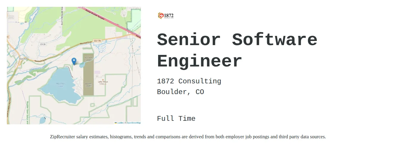 1872 Consulting job posting for a Senior Software Engineer in Boulder, CO with a salary of $137,100 to $180,700 Annually with a map of Boulder location.