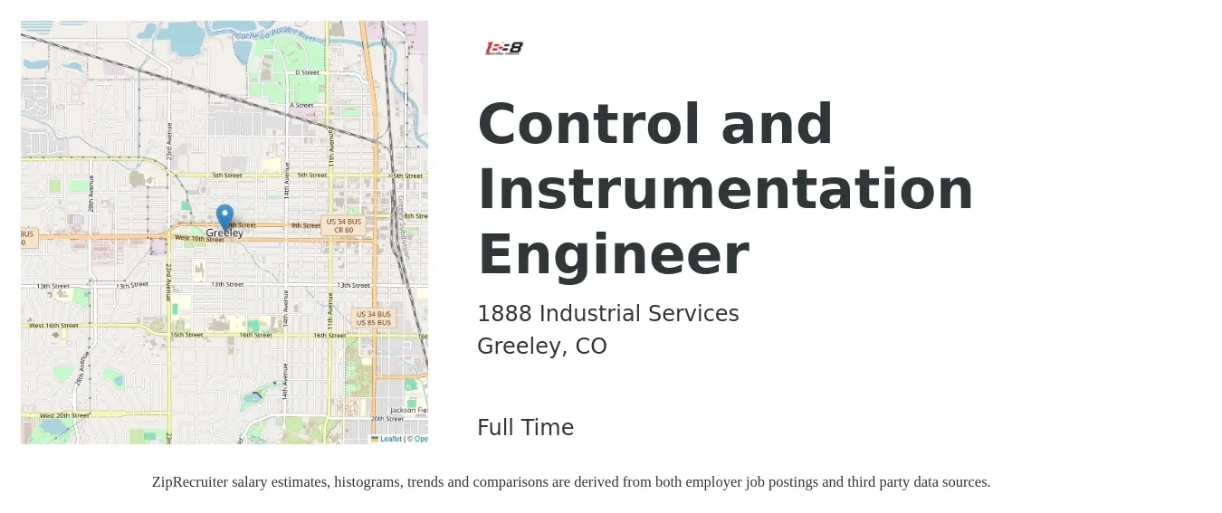 1888 Industrial Services job posting for a Control and Instrumentation Engineer in Greeley, CO with a salary of $42 to $62 Hourly with a map of Greeley location.
