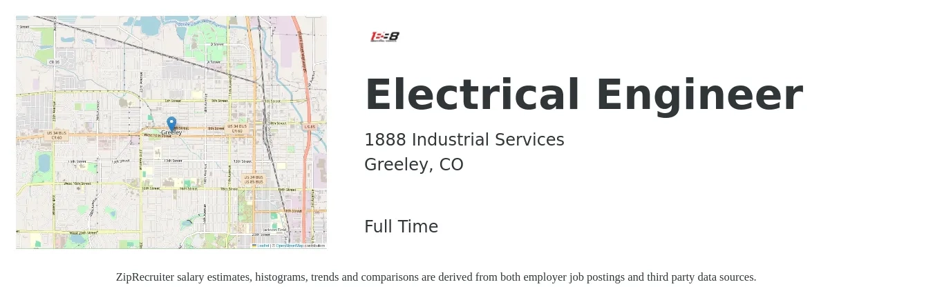 1888 Industrial Services job posting for a Electrical Engineer in Greeley, CO with a salary of $79,800 to $126,800 Yearly with a map of Greeley location.