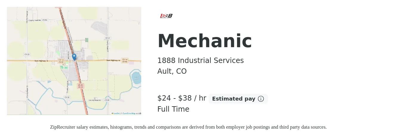 1888 Industrial Services job posting for a Mechanic in Ault, CO with a salary of $25 to $40 Hourly with a map of Ault location.