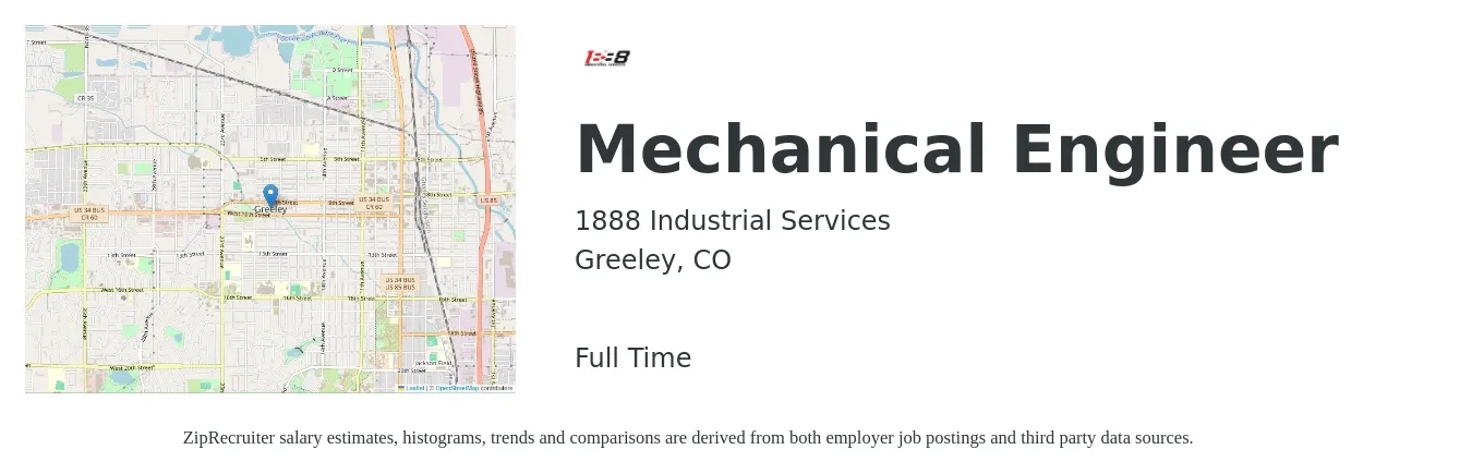 1888 Industrial Services job posting for a Mechanical Engineer in Greeley, CO with a salary of $78,300 to $121,500 Yearly with a map of Greeley location.
