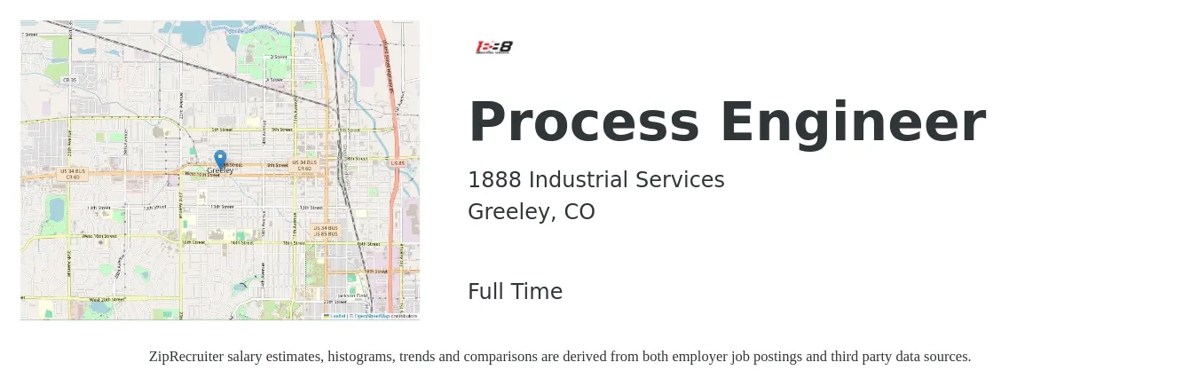 1888 Industrial Services job posting for a Process Engineer in Greeley, CO with a salary of $71,600 to $99,000 Yearly with a map of Greeley location.