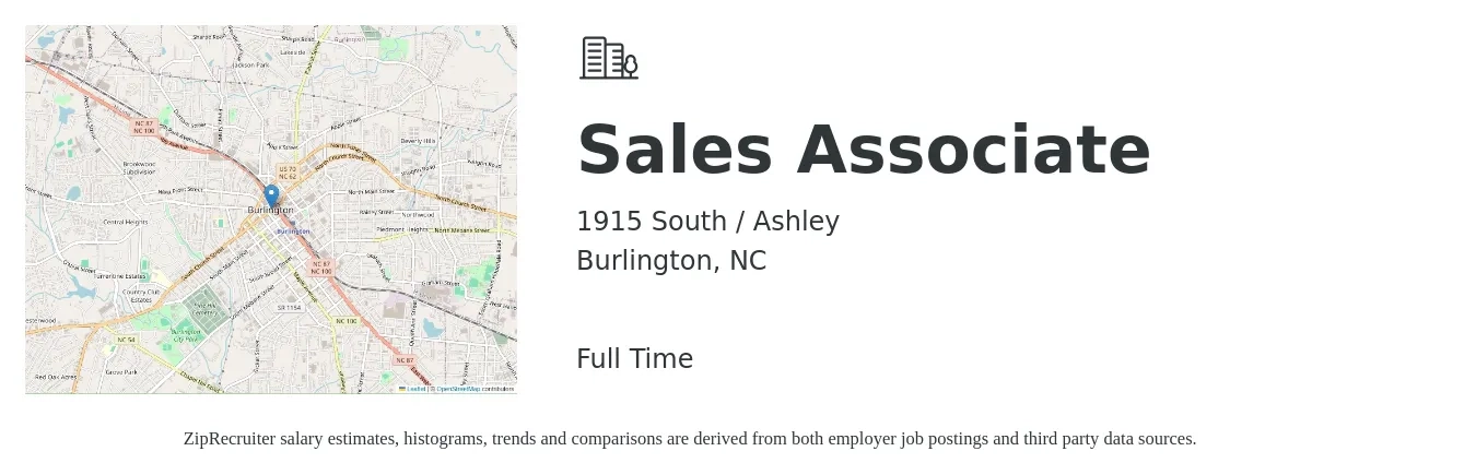 1915 South / Ashley job posting for a Sales Associate in Burlington, NC with a salary of $12 to $16 Hourly with a map of Burlington location.