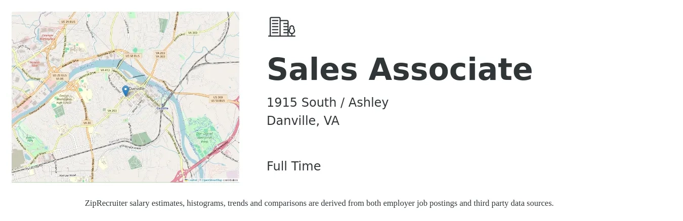 1915 South / Ashley job posting for a Sales Associate in Danville, VA with a salary of $14 to $19 Hourly with a map of Danville location.