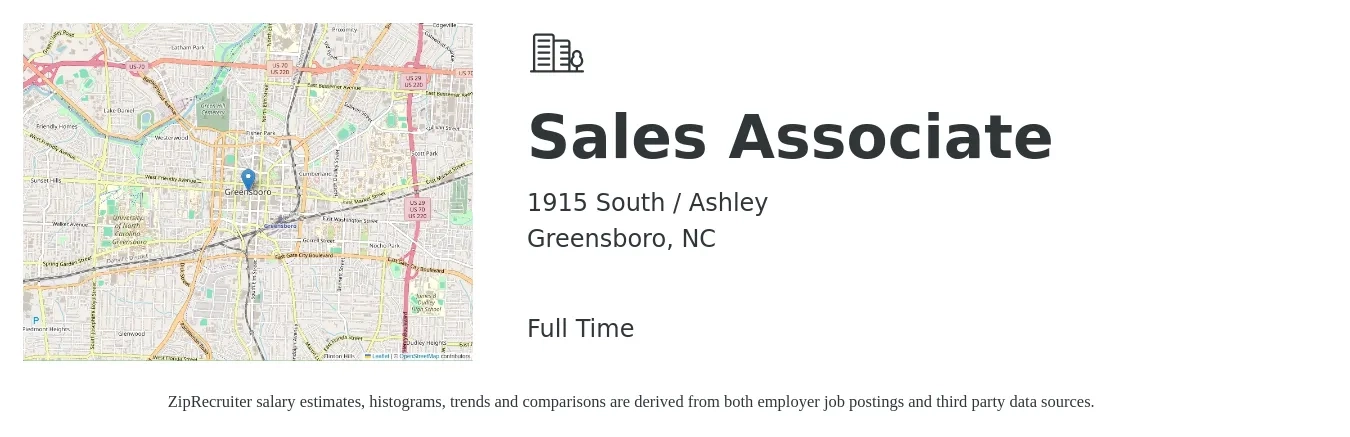 1915 South / Ashley job posting for a Sales Associate in Greensboro, NC with a salary of $14 to $18 Hourly with a map of Greensboro location.