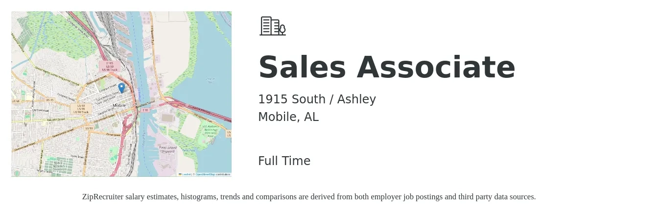 1915 South / Ashley job posting for a Sales Associate in Mobile, AL with a salary of $14 to $19 Hourly with a map of Mobile location.