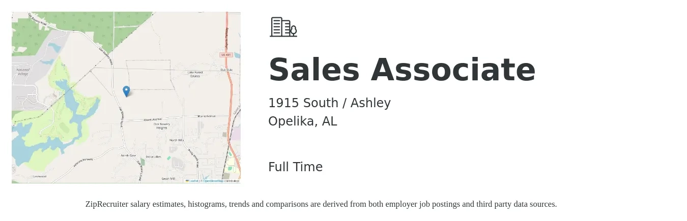 1915 South / Ashley job posting for a Sales Associate in Opelika, AL with a salary of $13 to $18 Hourly with a map of Opelika location.