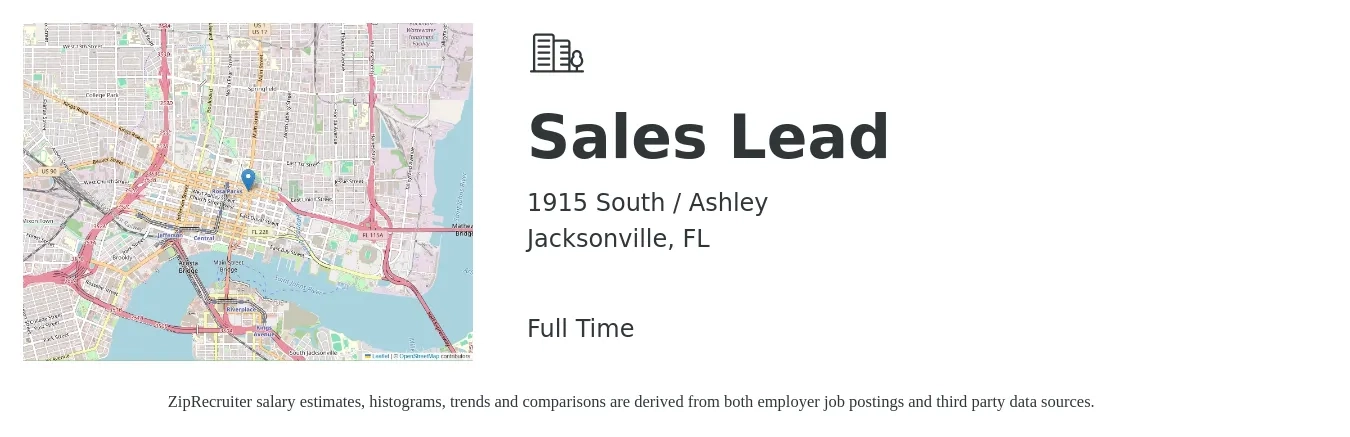 1915 South / Ashley job posting for a Sales Lead in Jacksonville, FL with a salary of $33,400 to $91,300 Yearly with a map of Jacksonville location.