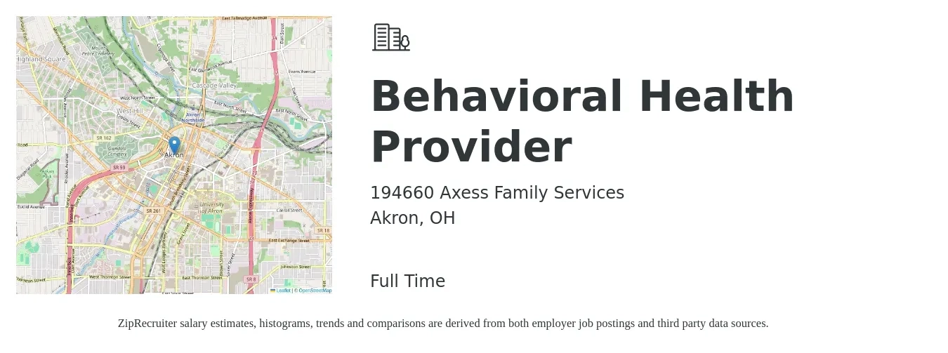 194660 Axess Family Services job posting for a Behavioral Health Provider in Akron, OH with a salary of $17 to $28 Hourly with a map of Akron location.