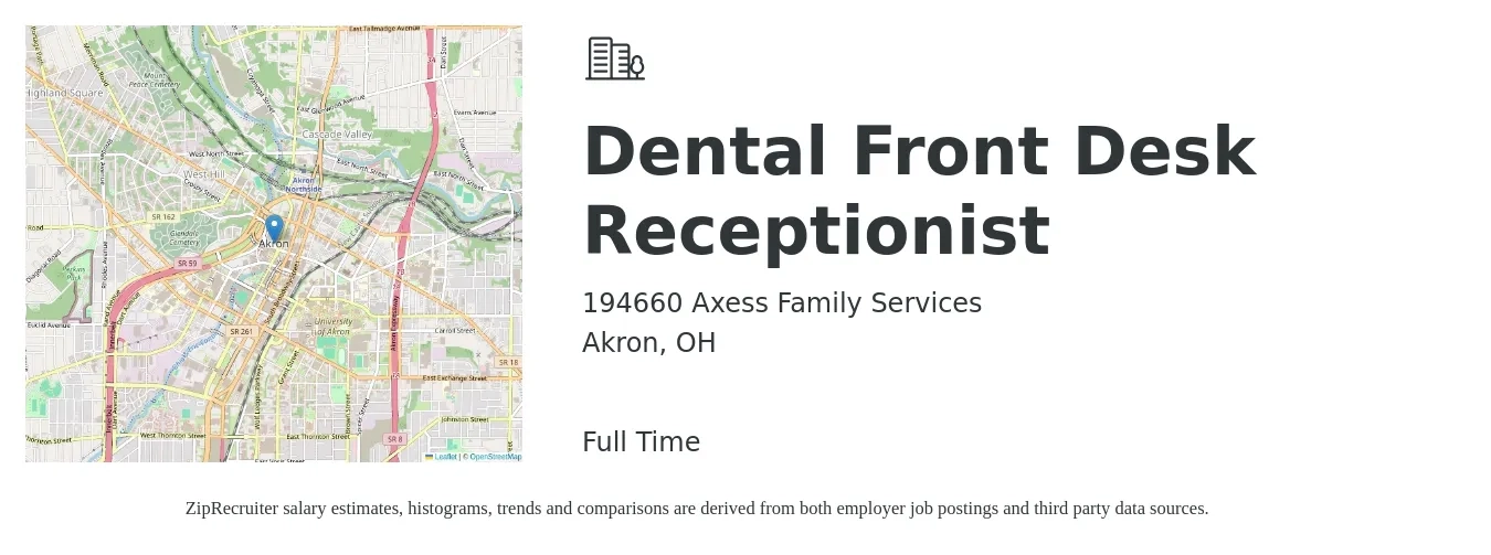 194660 Axess Family Services job posting for a Dental Front Desk Receptionist in Akron, OH with a salary of $14 to $18 Hourly with a map of Akron location.