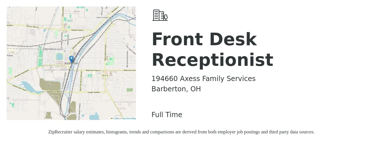194660 Axess Family Services job posting for a Front Desk Receptionist in Barberton, OH with a salary of $14 to $18 Hourly with a map of Barberton location.