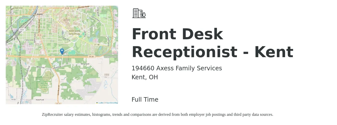 194660 Axess Family Services job posting for a Front Desk Receptionist - Kent in Kent, OH with a salary of $14 to $18 Hourly with a map of Kent location.