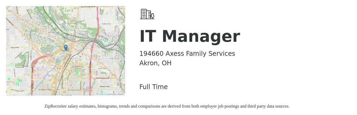 194660 Axess Family Services job posting for a IT Manager in Akron, OH with a salary of $90,900 to $111,500 Yearly with a map of Akron location.