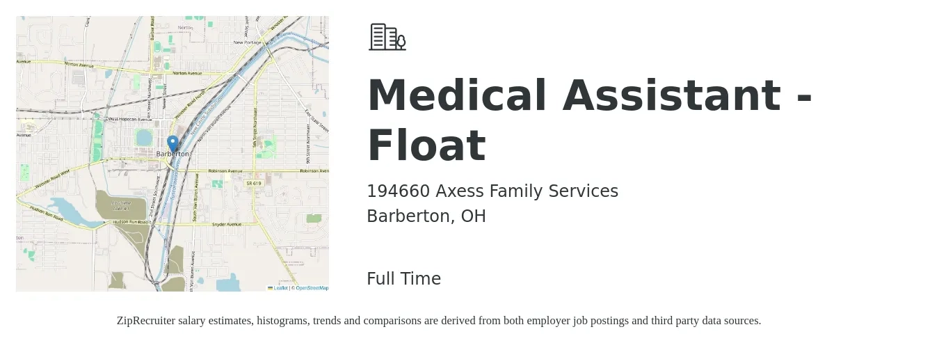 194660 Axess Family Services job posting for a Medical Assistant - Float in Barberton, OH with a salary of $16 to $22 Hourly with a map of Barberton location.