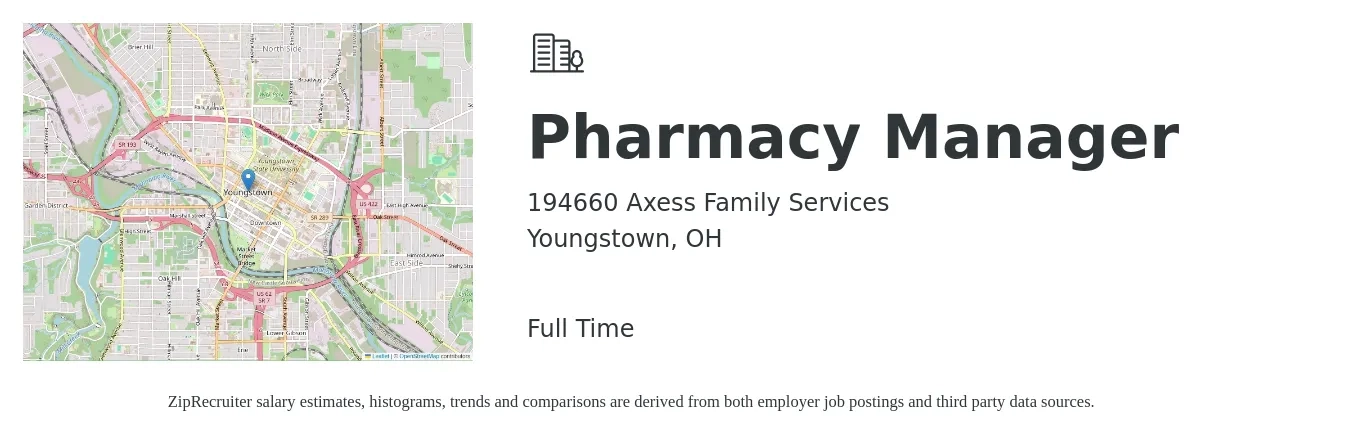 194660 Axess Family Services job posting for a Pharmacy Manager in Youngstown, OH with a salary of $61 to $72 Hourly with a map of Youngstown location.