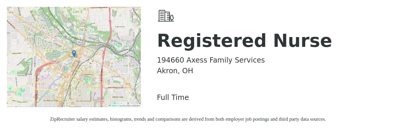 194660 Axess Family Services job posting for a Registered Nurse in Akron, OH with a salary of $31 to $50 Hourly with a map of Akron location.