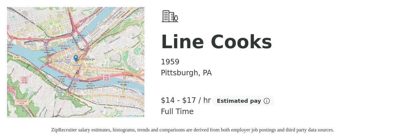 1959 job posting for a Line Cooks in Pittsburgh, PA with a salary of $15 to $18 Hourly with a map of Pittsburgh location.