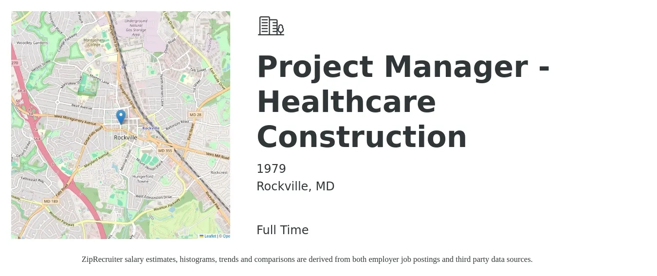 1979 job posting for a Project Manager - Healthcare Construction in Rockville, MD with a salary of $76,500 to $121,400 Yearly with a map of Rockville location.