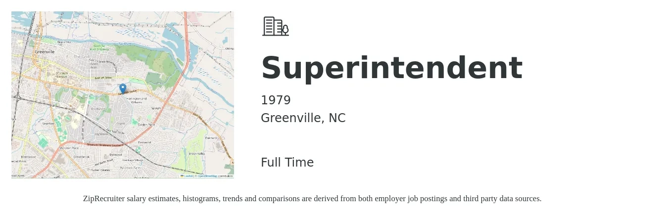 1979 job posting for a Superintendent in Greenville, NC with a salary of $68,000 to $110,700 Yearly with a map of Greenville location.