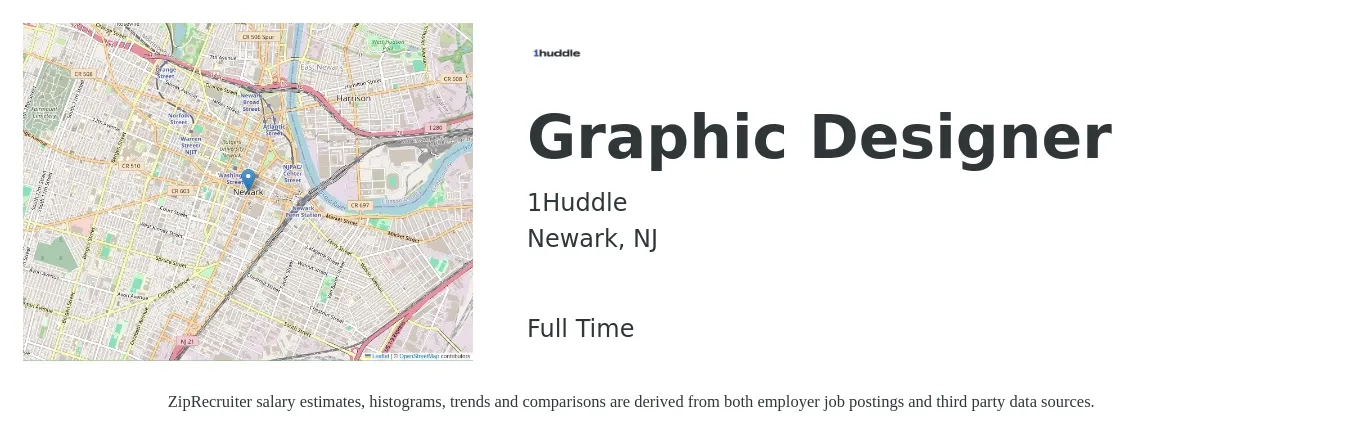 1Huddle job posting for a Graphic Designer in Newark, NJ with a salary of $22 to $34 Hourly with a map of Newark location.