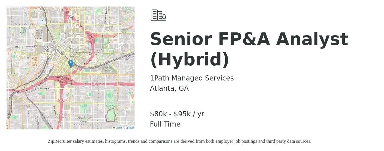 1Path Managed Services job posting for a Senior FP&A Analyst (Hybrid) in Atlanta, GA with a salary of $80,000 to $95,000 Yearly with a map of Atlanta location.