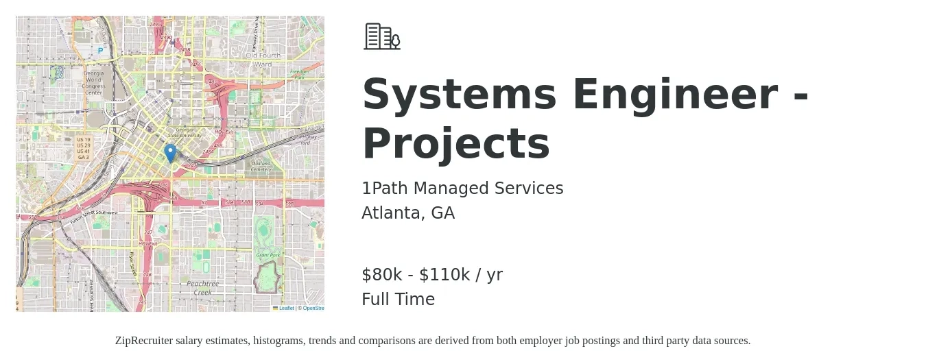 1Path Managed Services job posting for a Systems Engineer - Projects in Atlanta, GA with a salary of $80,000 to $110,000 Yearly with a map of Atlanta location.