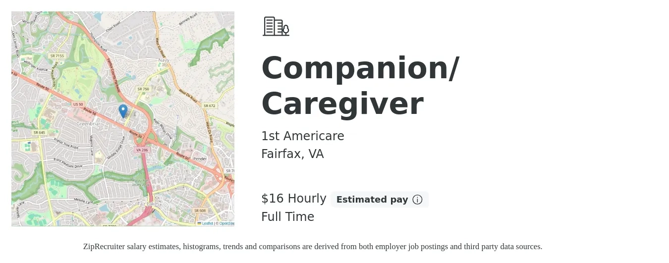 1st Americare job posting for a Companion/ Caregiver in Fairfax, VA with a salary of $17 Hourly with a map of Fairfax location.