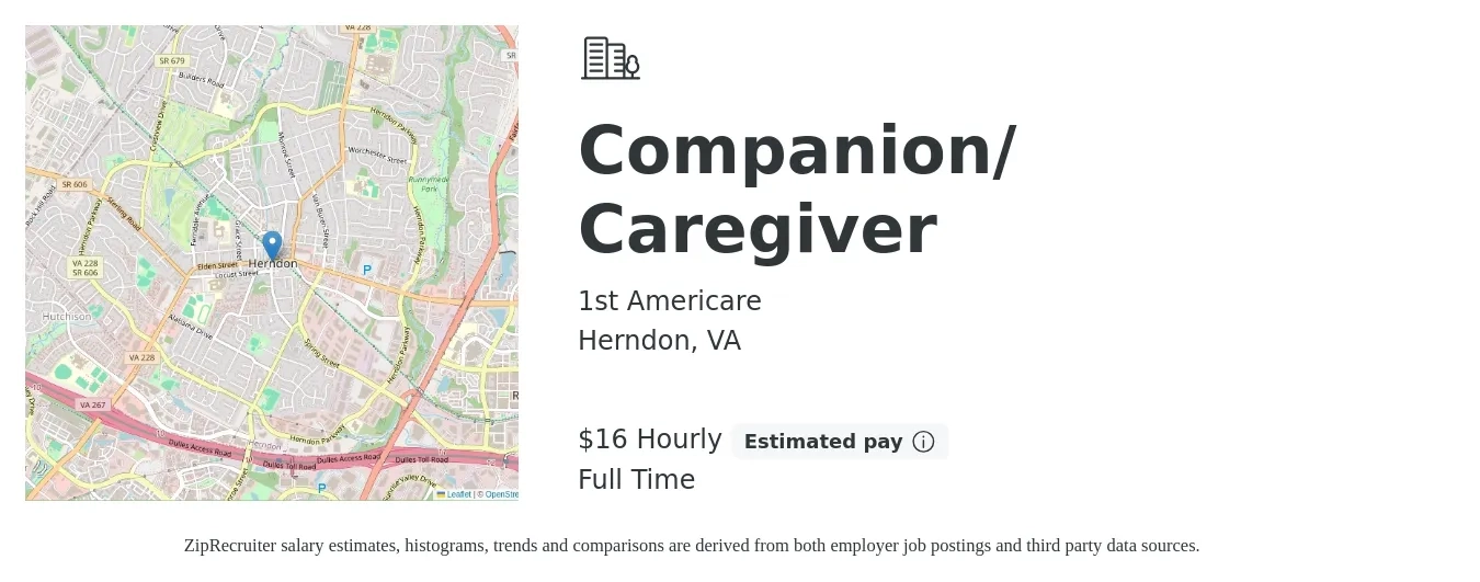 1st Americare job posting for a Companion/ Caregiver in Herndon, VA with a salary of $17 Hourly with a map of Herndon location.