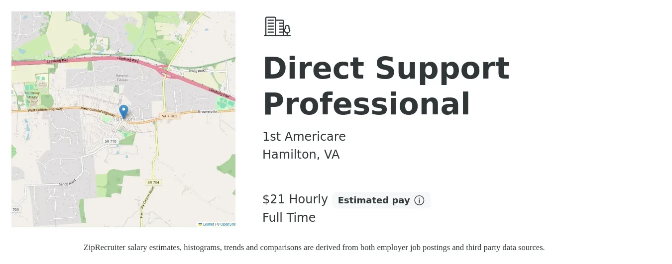 1st Americare job posting for a Direct Support Professional in Hamilton, VA with a salary of $22 Hourly with a map of Hamilton location.