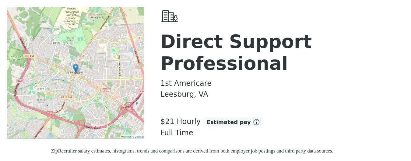 1st Americare job posting for a Direct Support Professional in Leesburg, VA with a salary of $22 Hourly with a map of Leesburg location.