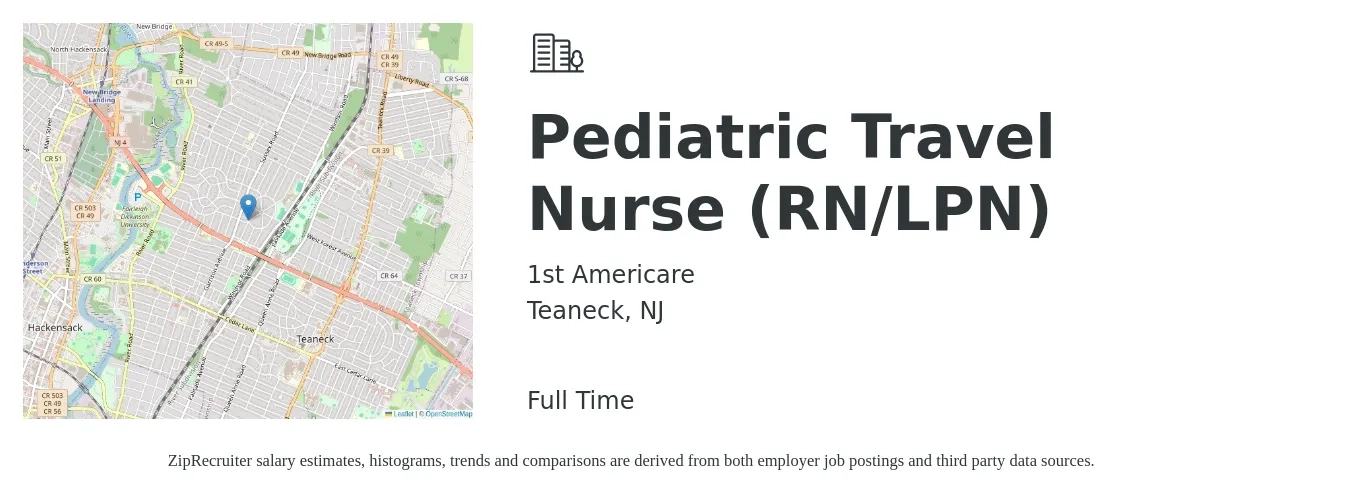 1st Americare job posting for a Pediatric Travel Nurse (RN/LPN) in Teaneck, NJ with a salary of $8,960 to $9,000 Monthly with a map of Teaneck location.