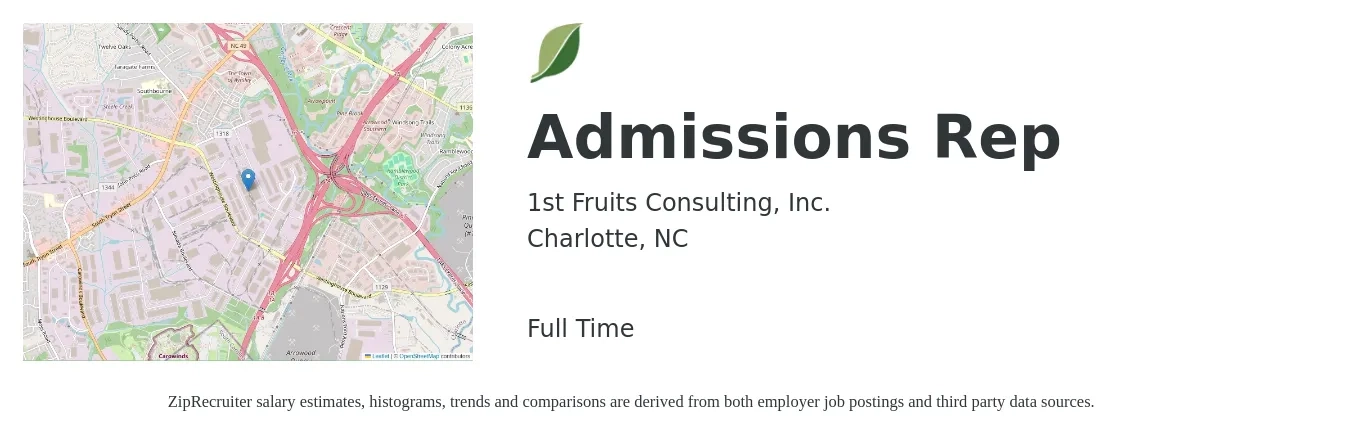1st Fruits Consulting, Inc. job posting for a Admissions Rep in Charlotte, NC with a salary of $20 to $25 Hourly with a map of Charlotte location.