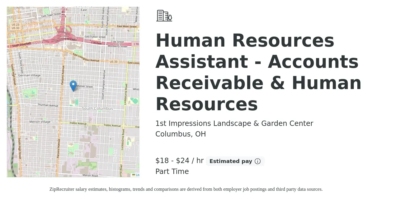 1st Impressions Landscape & Garden Center job posting for a Human Resources Assistant - Accounts Receivable & Human Resources in Columbus, OH with a salary of $19 to $25 Hourly with a map of Columbus location.