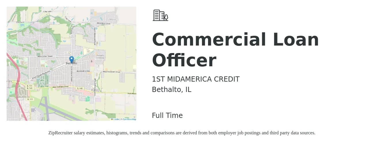 1ST MIDAMERICA CREDIT job posting for a Commercial Loan Officer in Bethalto, IL with a salary of $76,400 to $111,300 Yearly with a map of Bethalto location.