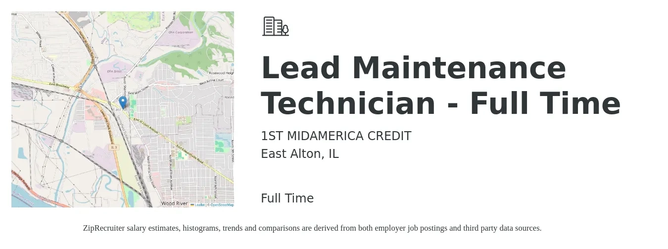 1ST MIDAMERICA CREDIT job posting for a Lead Maintenance Technician - Full Time in East Alton, IL with a salary of $22 to $30 Hourly with a map of East Alton location.