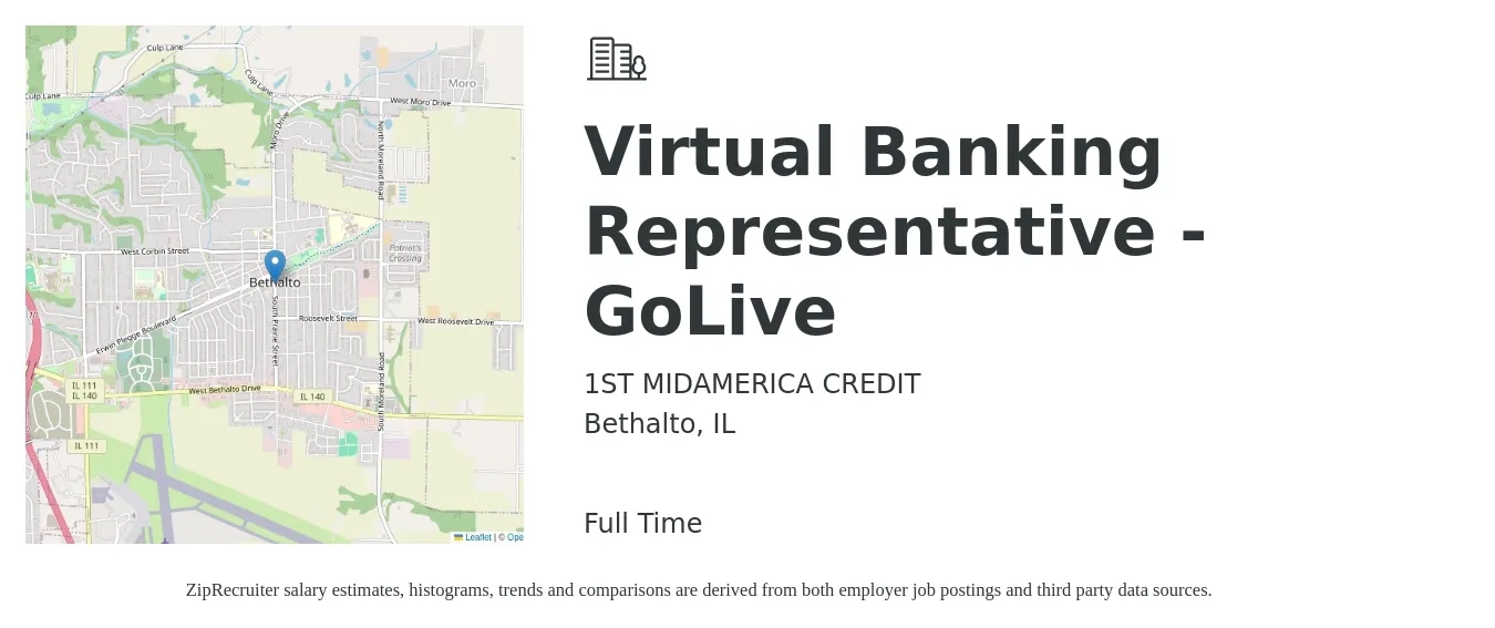 1ST MIDAMERICA CREDIT job posting for a Virtual Banking Representative - GoLive in Bethalto, IL with a salary of $15 to $19 Hourly with a map of Bethalto location.