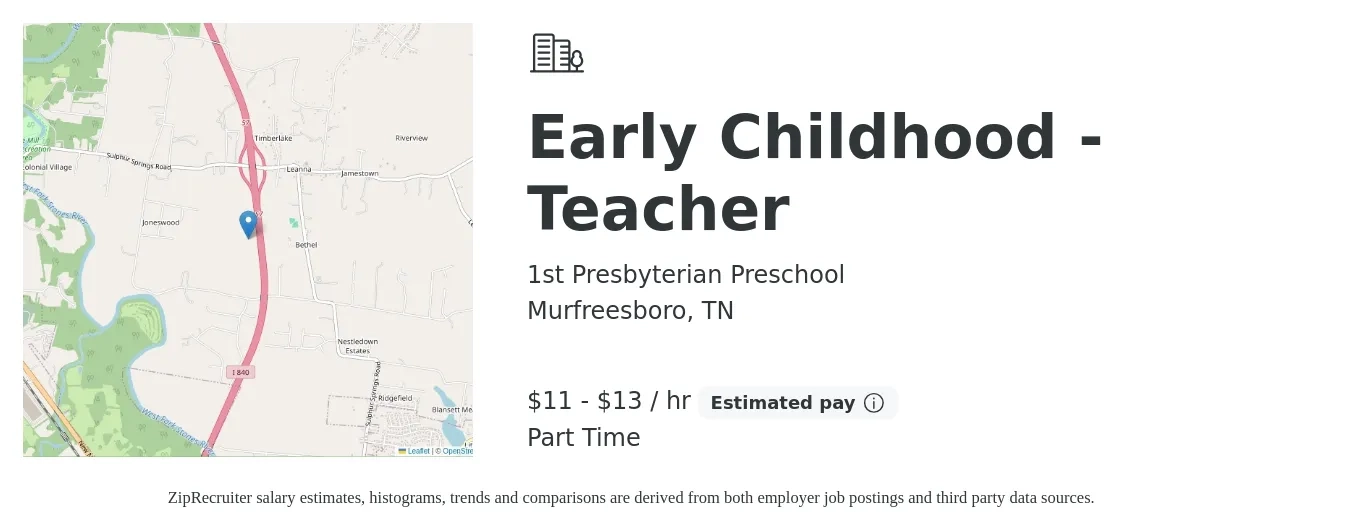 1st Presbyterian Preschool job posting for a Early Childhood - Teacher in Murfreesboro, TN with a salary of $12 to $14 Hourly with a map of Murfreesboro location.