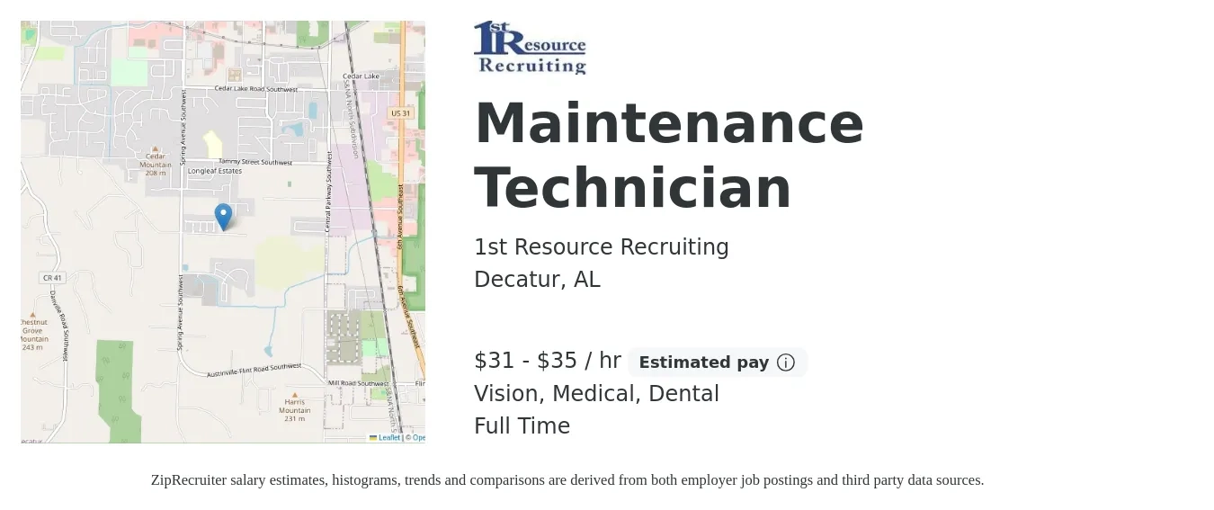 1st Resource Recruiting job posting for a Maintenance Technician in Decatur, AL with a salary of $33 to $37 Hourly and benefits including vision, dental, life_insurance, medical, and retirement with a map of Decatur location.