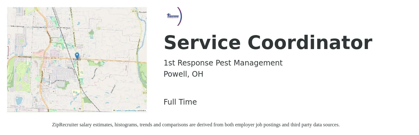 1st Response Pest Management job posting for a Service Coordinator in Powell, OH with a salary of $19 to $24 Hourly with a map of Powell location.