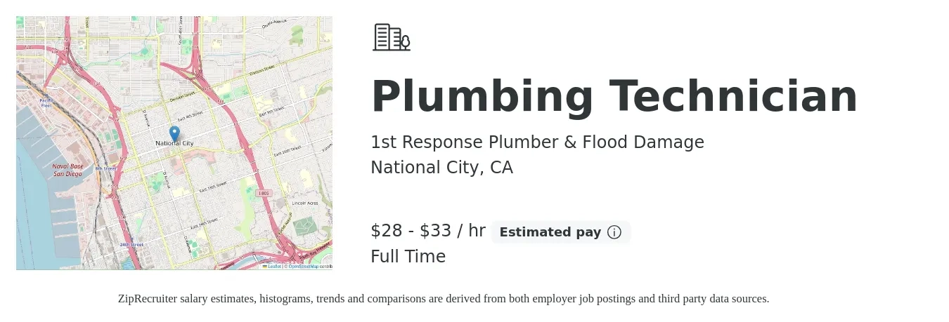 1st Response Plumber & Flood Damage job posting for a Plumbing Technician in National City, CA with a salary of $30 to $35 Hourly with a map of National City location.
