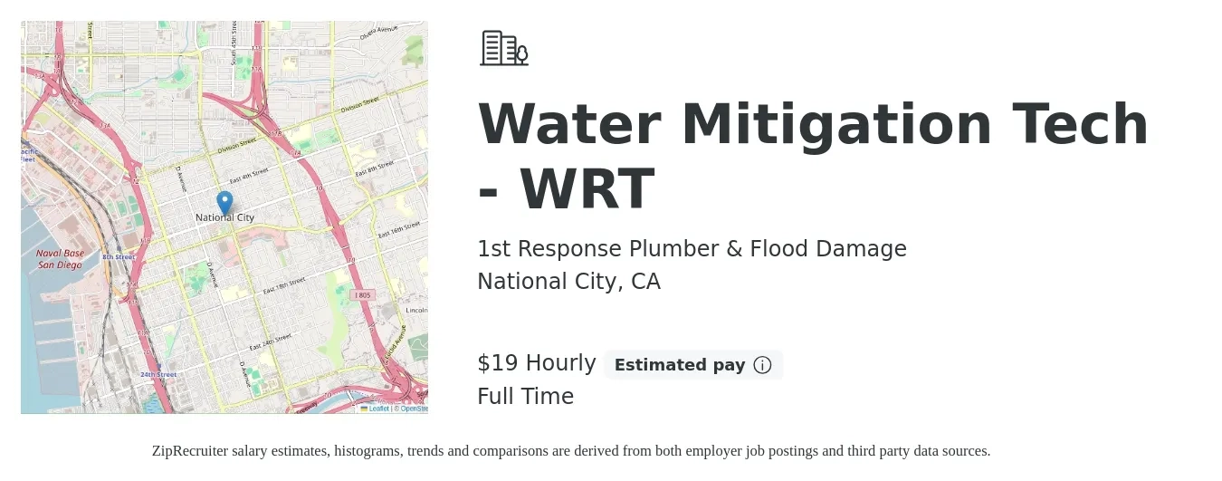 1st Response Plumber & Flood Damage job posting for a Water Mitigation Tech - WRT in National City, CA with a salary of $20 Hourly with a map of National City location.