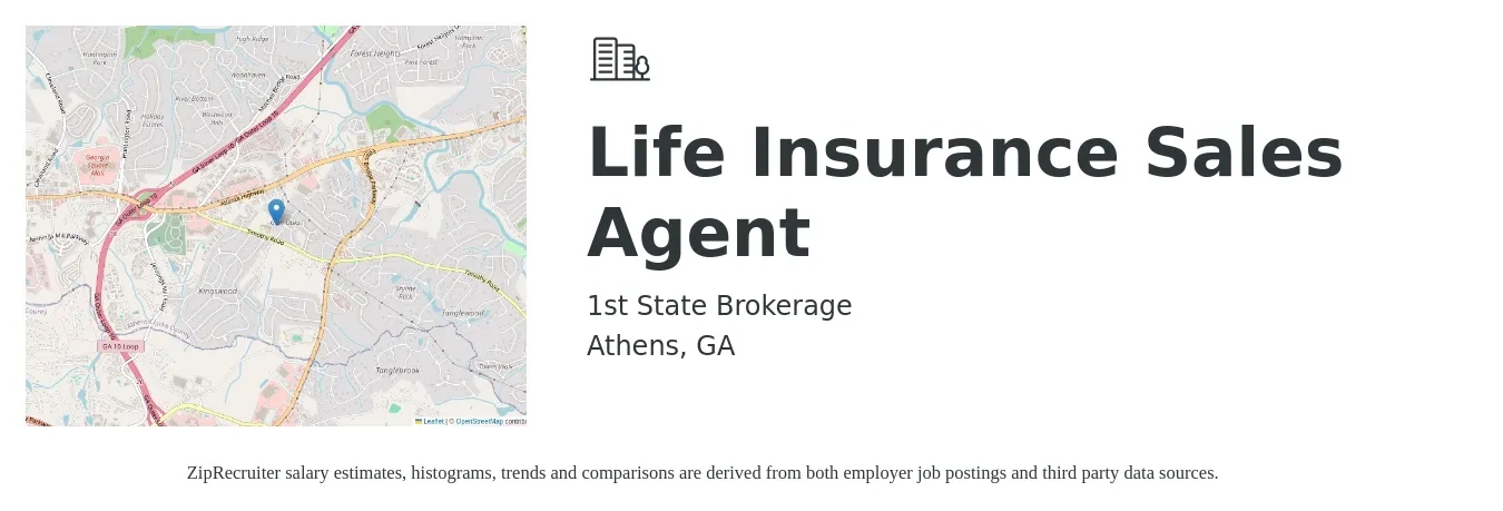 1st State Brokerage job posting for a Life Insurance Sales Agent in Athens, GA with a salary of $50,000 to $100,000 Yearly with a map of Athens location.