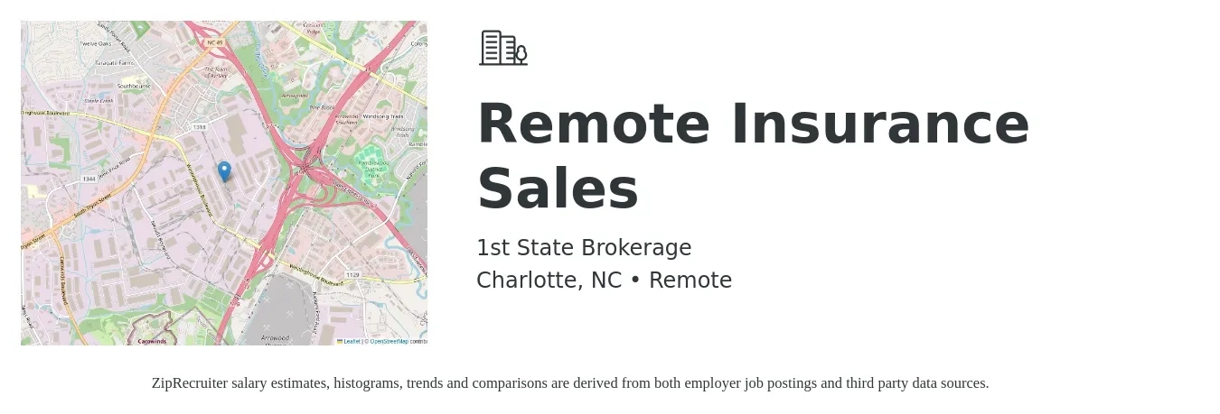1st State Brokerage job posting for a Remote Insurance Sales in Charlotte, NC with a salary of $46,400 to $87,400 Yearly with a map of Charlotte location.