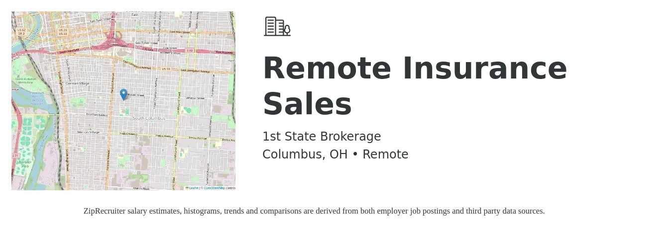 1st State Brokerage job posting for a Remote Insurance Sales in Columbus, OH with a salary of $43,500 to $107,700 Yearly with a map of Columbus location.