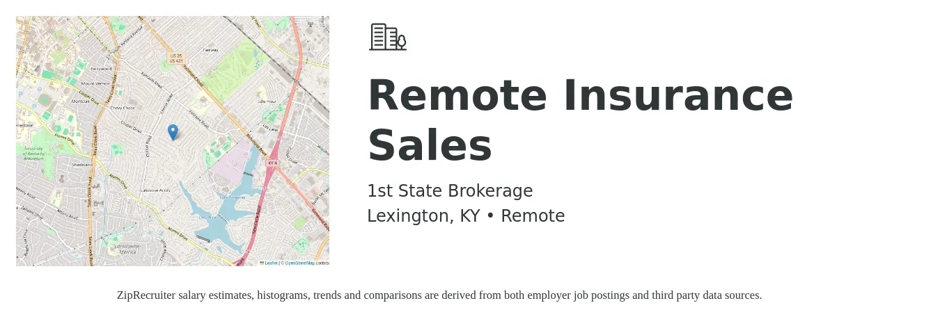1st State Brokerage job posting for a Remote Insurance Sales in Lexington, KY with a salary of $44,700 to $110,800 Yearly with a map of Lexington location.