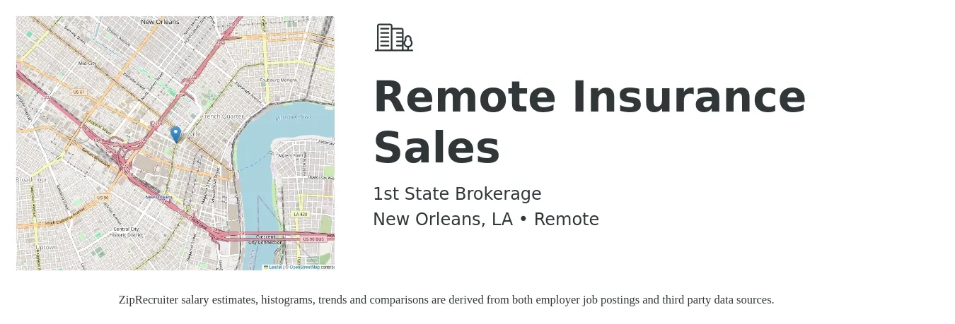 1st State Brokerage job posting for a Remote Insurance Sales in New Orleans, LA with a salary of $49,000 to $71,500 Yearly with a map of New Orleans location.