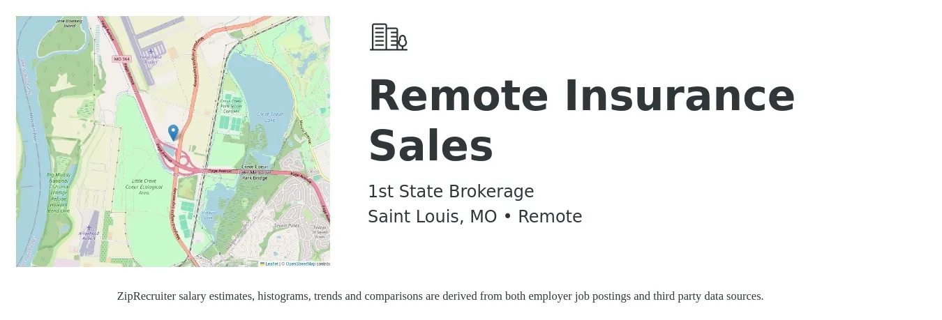 1st State Brokerage job posting for a Remote Insurance Sales in Saint Louis, MO with a salary of $46,200 to $87,000 Yearly with a map of Saint Louis location.