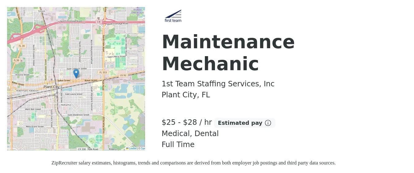 1st Team Staffing Services, Inc job posting for a Maintenance Mechanic in Plant City, FL with a salary of $26 to $30 Hourly and benefits including dental, medical, and retirement with a map of Plant City location.