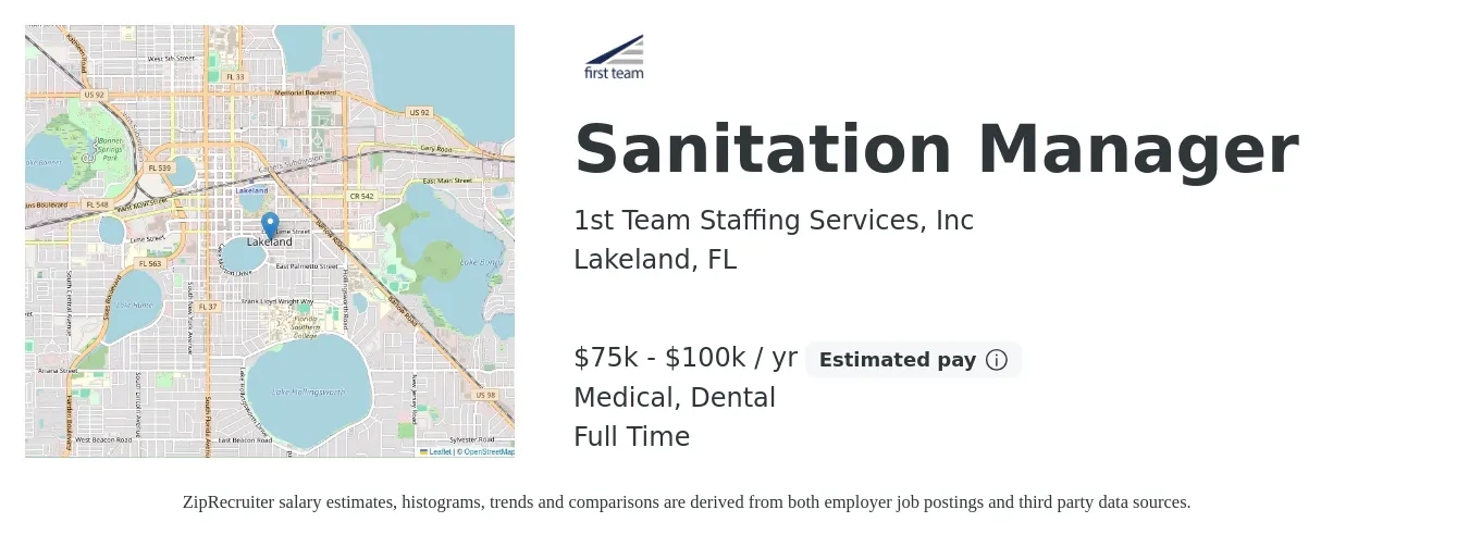 1st Team Staffing Services, Inc job posting for a Sanitation Manager in Lakeland, FL with a salary of $75,000 to $100,000 Yearly and benefits including retirement, dental, life_insurance, medical, and pto with a map of Lakeland location.